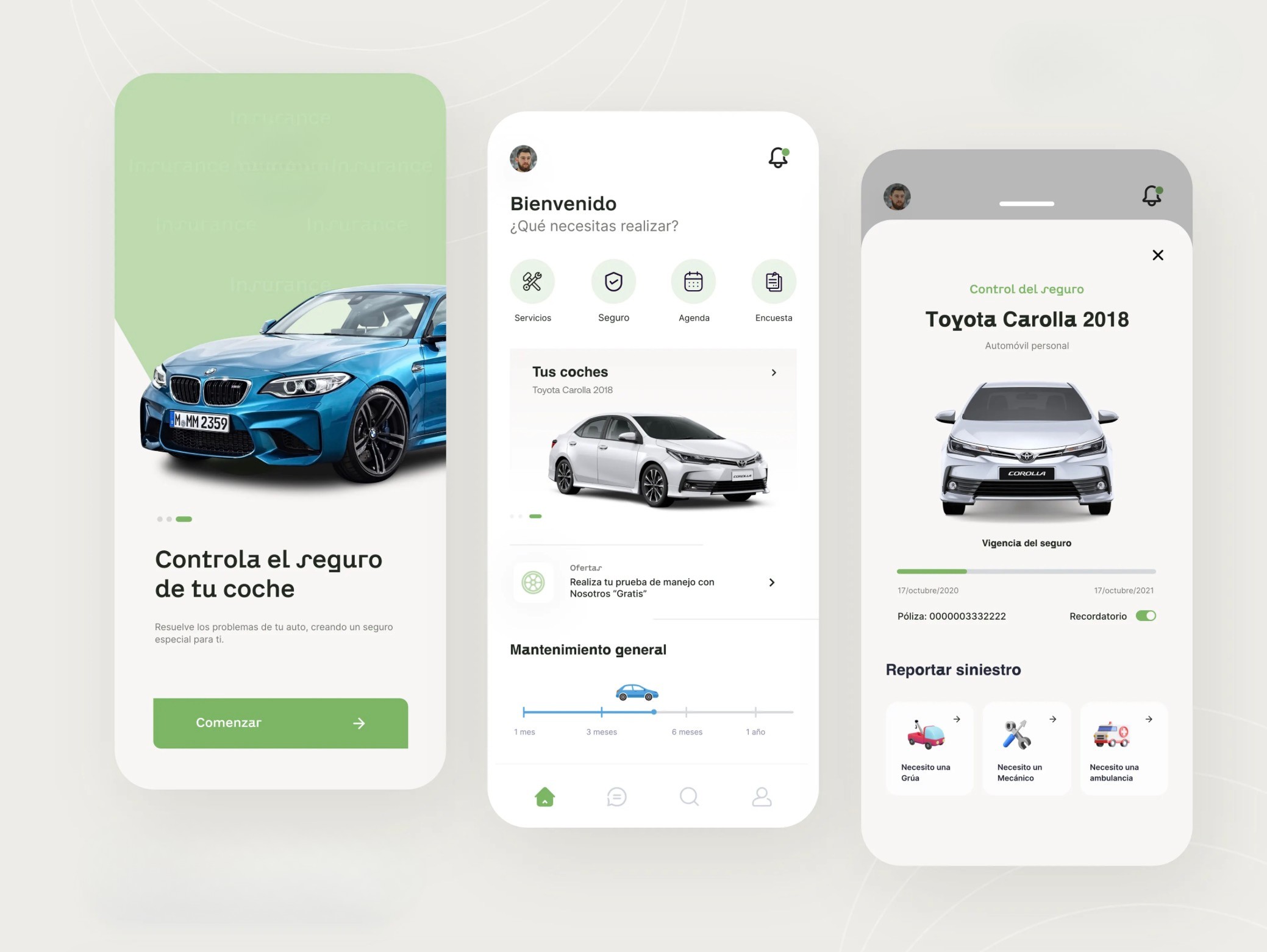Pantallas de app móvil para controlar el seguro de un auto Pantallas de app móvil para controlar el seguro de un auto